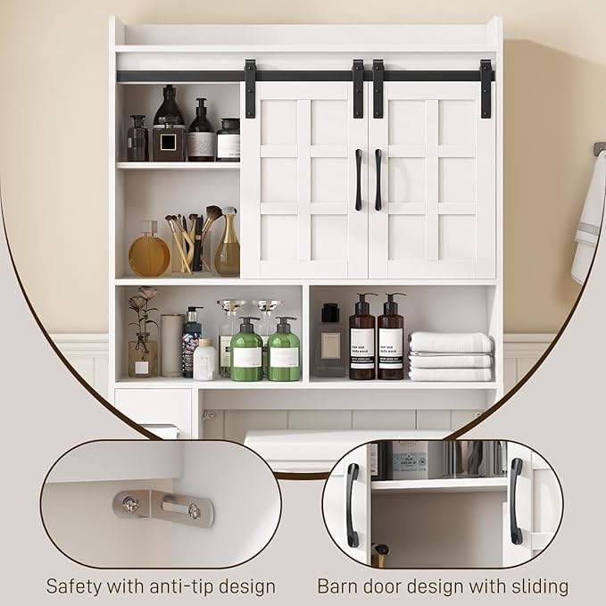 Over The Toilet Storage Cabinet, Farmhouse Storage Cabinet Over Toilet with Sliding Doors，Home Space-Saving Toilet Rack, for Bathroom, Restroom, Laundry,White