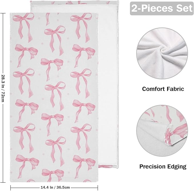2 Pcs Cute Pink Bows Hand Towels for Bathroom,Soft Absorbent Decorative Watercolor Bowknot Kitchen Towels Aesthetic Girly Bow Pink White Guest Bathroom Towels for Bath,Face,Shower,Gym 14"x28"