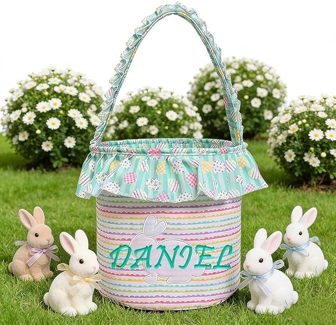 Personalized Easter Basket with Name for Kids Custom Embroidered Floral Bunny Egg Hunt Bag for Boys Girls Gingham Canvas Storage Bucket Cotton Rabbit Party Tote, Nursery Decor Storage Pouch