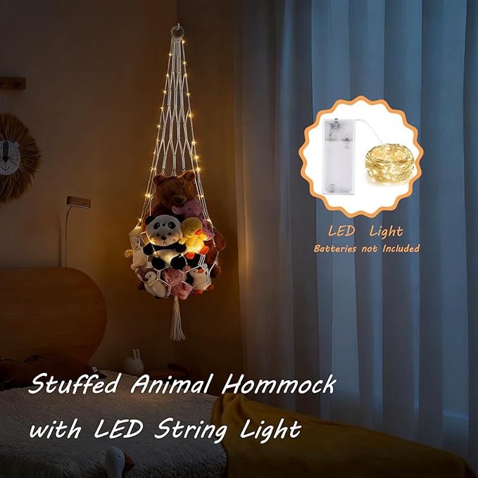 Stuffed Animal Hammock Corner Net with LED Light Plushies Storage Hammock for Stuffed Animals Boho Room Decor Macrame Wall Decor