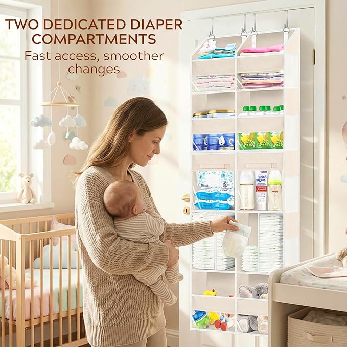 Over the Door Organizer 5 Tiers with Removable Drawers, Extra Large Door Storage of 6 Compartments & 2 Diaper Storage, Double-Column Clear Window Door Hanging Organizer for Nursery, Closet, Pantry