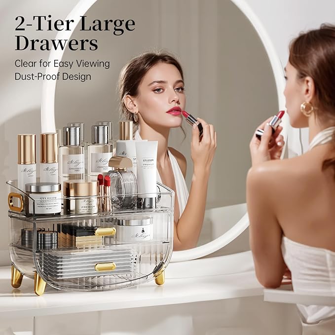 LAMU Makeup Organizer With 2 Drawers, Bathroom Storage With Four Non-Slip Feet And Dust-Proof, Simple And Stylish For Desktop, Vanity, Bathroom Countertops, Clear, Ideal Christmas Gifts for Girls
