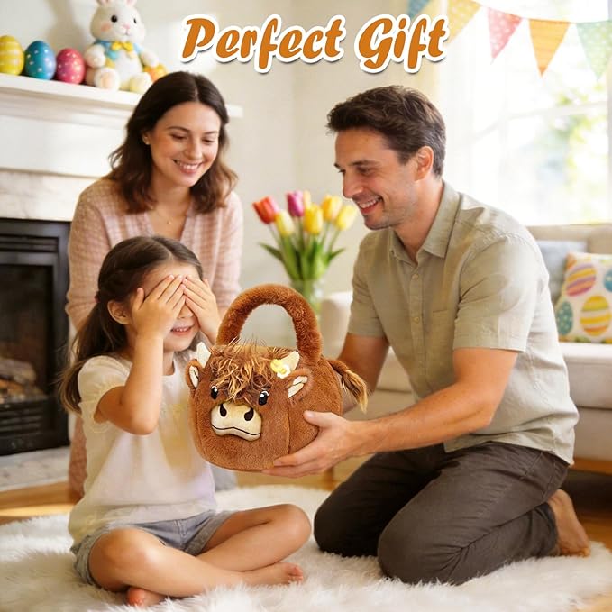 2026 Highland Cow Plush Baskets Easter Basket, Easter Egg Hunt Buckets, Easter Decorations Indoor Outdoor, Cute Easter Gifts for Kids, Adults, Teens, Toddlers, Girls
