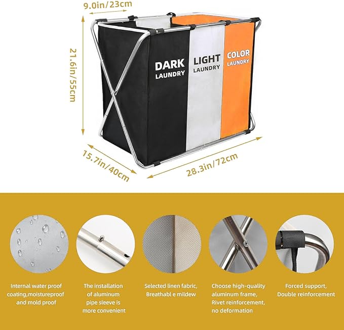 150L Laundry Cloth Hamper Sorter Basket Bin Foldable 3 Sections with stainless steel Frame Washing Storage Dirty Clothes Bag for Bathroom Bedroom Home Storage Basket (Black+yellow+grey)