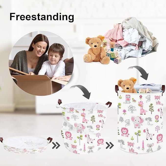Clastyle Cute Forest Animal Laundry Basket Elephant Lion Kids Clothes Book Storage Basket Gift Toy Box for Bedroom Decor,Pink,36x45 cm