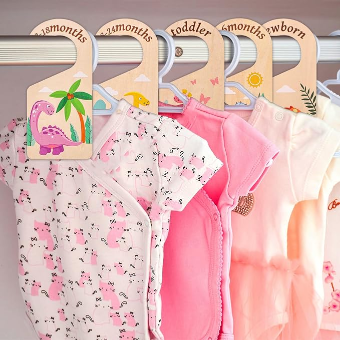 8pcs Baby Closet Dividers, Wooden Dinosaur Theme Baby Closet Size Dividers Baby Closet Organizer Baby Clothing Hanger Dividers from Newborn to Toddler for Baby Girls Boys