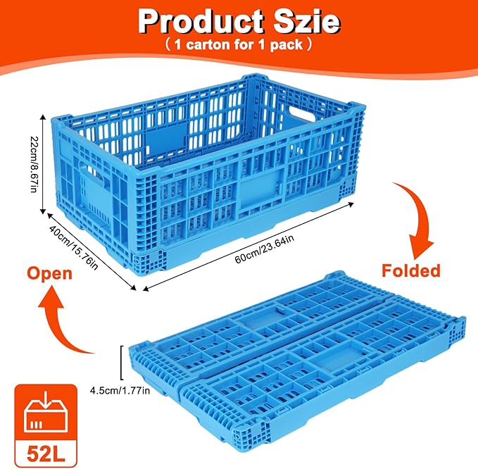Collapsible Milk Crate, 1 pck 52L(13GAL) Stackable Storage Bins, Heavy Duty Storage Crates, Plastic Crates for Grocery, Warehouse Organization - Extra Large, Holds 130 lbs Per Bin