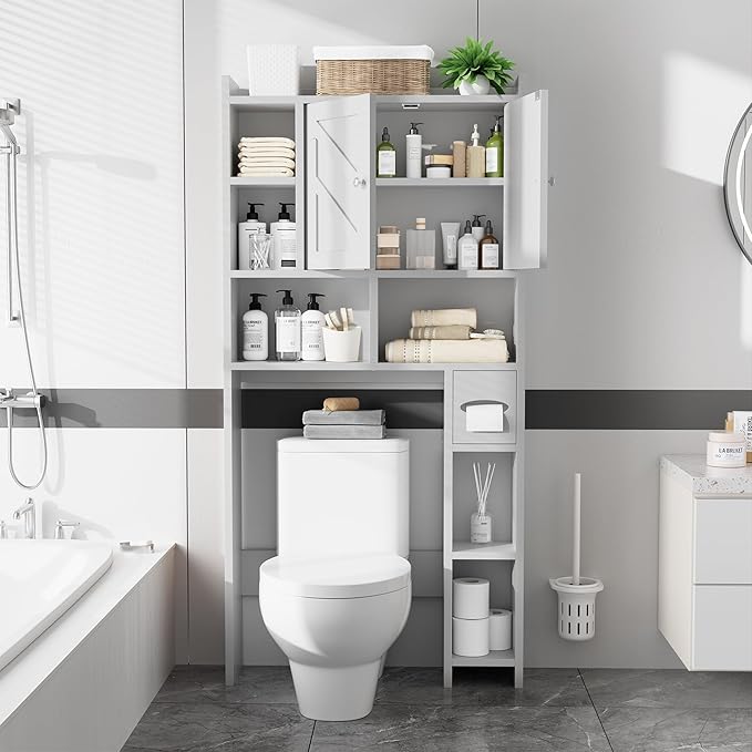 Meilocar Over The Toilet Storage Cabinet, Bathroom Over Toilet Storage Cabinet, Bathroom Storages Organizer Cabinets with Toilet Paper Holder and Adjustable Shelf, White