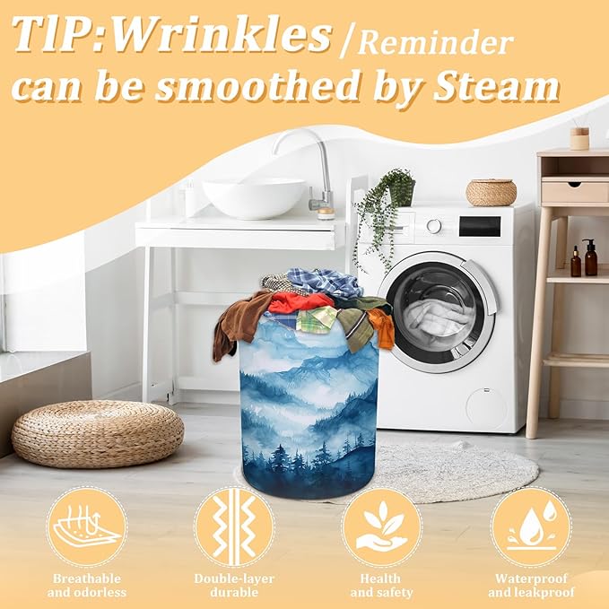 Blue Mountain Forest Laundry Basket, Foldable Waterproof Oxford Cloth Laundry Hamper Funny Tote Bag Dirty Clothes Storage Bucket Toy Organizer for Bathroom/Laundry/Bedroom 15.7"x19.6"