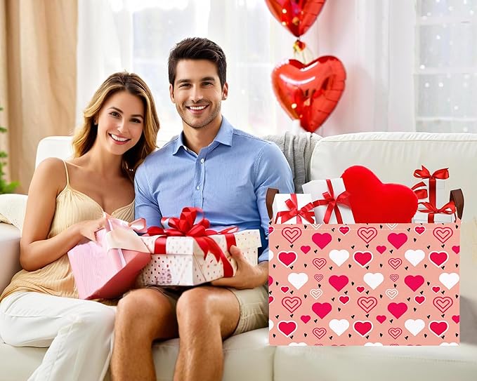 Large Valentine's Day Basket Heart Shaped Storage Bin for Gifts Collapsible Organizer Room Decor (Pink Bottom Red White Love)