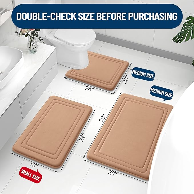Grandaily Memory Foam Bath Mat Rug 24x16, Ultra Soft, Non-Slip and Absorbent Bathroom Rugs, Machine Wash Dry, Comfortable Bath Carpet for Bathroom Floor, Tub and Shower, Dark Beige