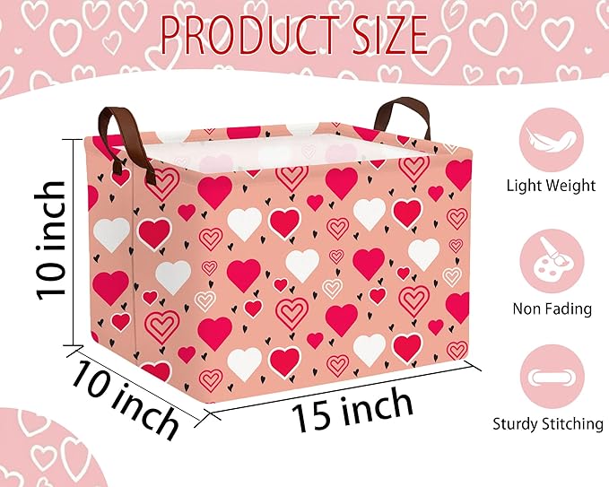 Large Valentine's Day Basket Heart Shaped Storage Bin for Gifts Collapsible Organizer Room Decor (Pink Bottom Red White Love)