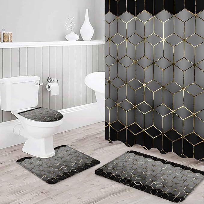 Grey Black Geometric Bathroom Set with Shower Curtain and Rug and Accessories,72x72 Inches Long Bathtub Curtain with Small Bath Mat,Minimalist Honey Gold Plaid Line Bathtub Floor Runner Rug Set