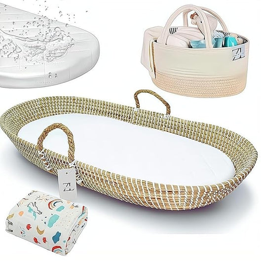 Seagrass Moses Basket by ZEAL'N LIFE, Moses Baskets for Newborn, Baby Changing Basket with Baby Towel, Washable Waterproof Pad Covers & Diaper Caddy, Changing Basket Baby (31 Inch)