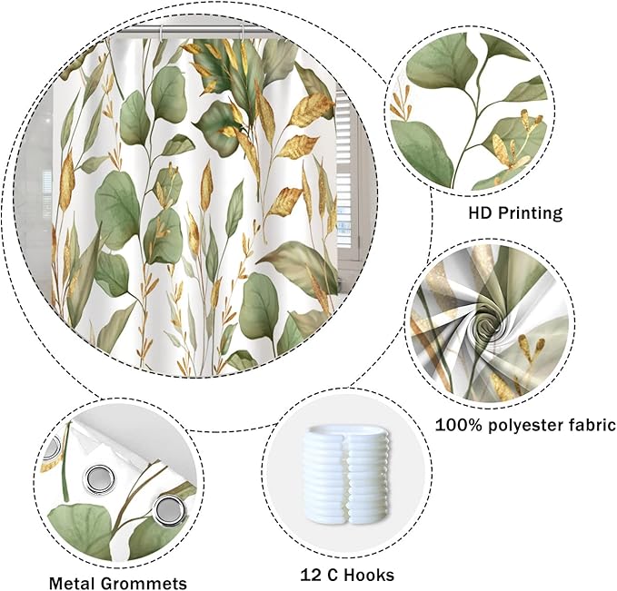 Green Eucalyptus Leaves Bathroom Curtain Tropical Leaf Nature Plant Polyester Waterproof Fabric Modern Home Decor Bath Shower Curtain with Hooks, 72x78 Inch