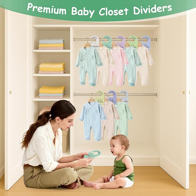 Baby Closet Dividers for Clothes Organizer, 8 PCS Double-Sided Cute Hanger Dividers for Newborn to Toddler, Baby Clothes Size Dividers for Boys & Girls
