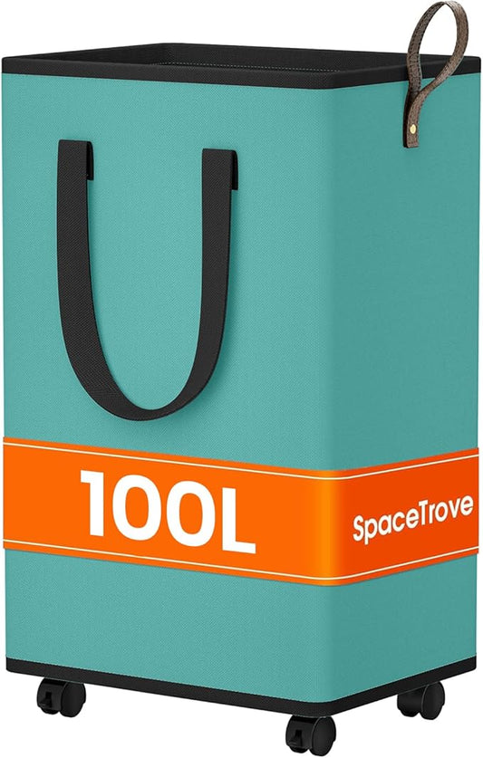 Laundry Basket with Wheels, Collapsible Laundry Baskets, Laundry Hamper with Handles Detachable Wheels, Rolling Laundry Basket, Dirty Clothes Hamper for Bathroom, Dorm, Bedroom, Green, 100L