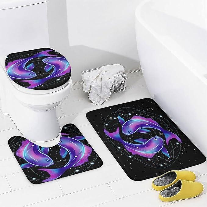 4 Pack Neon Fish Zodiac Pisces Art Shower Curtain + Bath Room Rug Mat Set, Water Repellent Window Curtain Absorbent Bath Room Rug Carpet