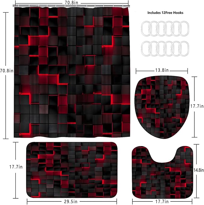 4Pcs Shower Curtain Set Black 3D Cubes Shower Curtain Set Modern Bathroom Sets with Shower Curtain and Rugs Red Shower Curtain with 12 Hooks