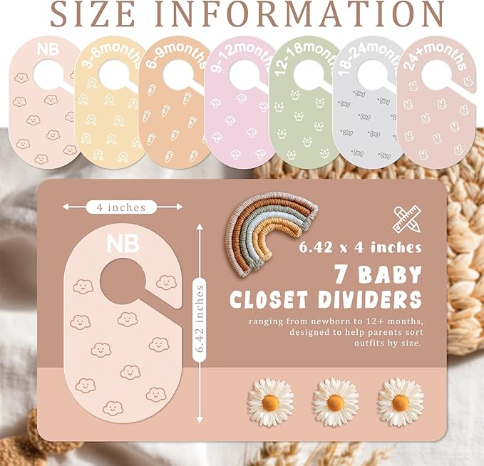 Baby Closet Dividers, Double-Sided Cute Design Baby Clothes Dividers for Closet, Baby Clothes Organizer for Sorting Clothing in 7 Sizes from Newborn to 12+ Months