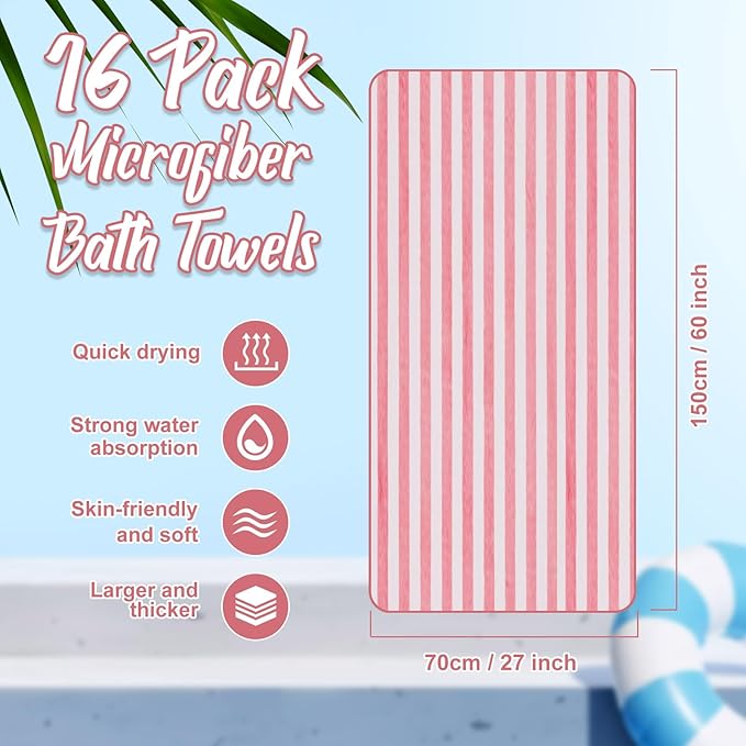 16 Pack Microfiber Bath Towels Bulk 27'' x 60'' Oversized Size Bath Towel Highly Absorbent Extra Large Soft Drying for Shower Beach Winter Salon Sport Gym Party (Stripes,Pink)