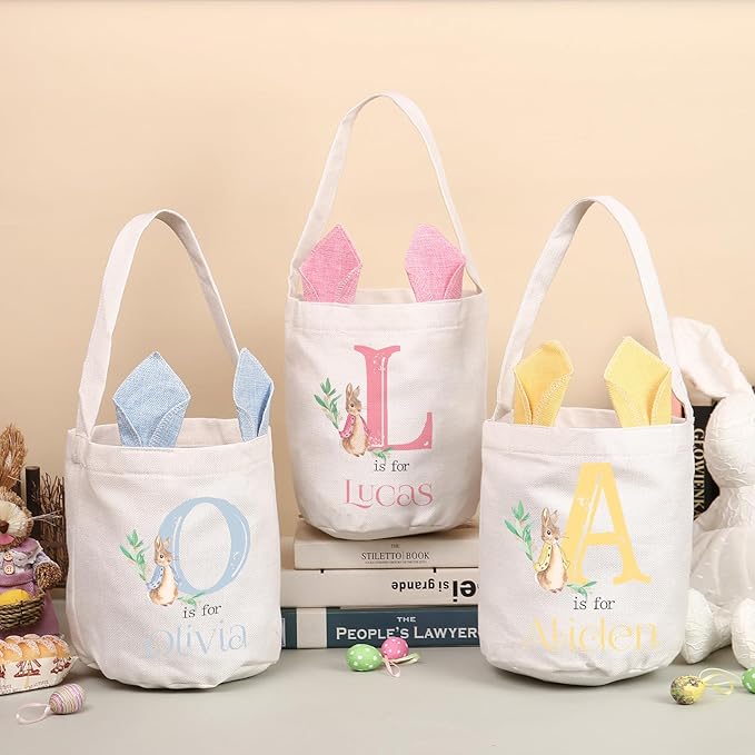 Personalized Name Easter Basket, Bunny Basket for Kids, Easter Bunny Bag for Boys Girls, Egg Hunt Bucket, Party Favors (Style C)
