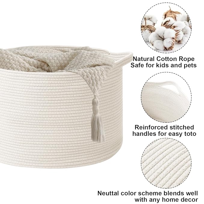 65L Large Blanket Basket,19.7" L x 19.7" W x 13" H Rope Woven Baskets with Handles, Toys Storage Bins,Laundry Basket Perfect for Living Room, Nursery,Bedroom,Home Organization,White
