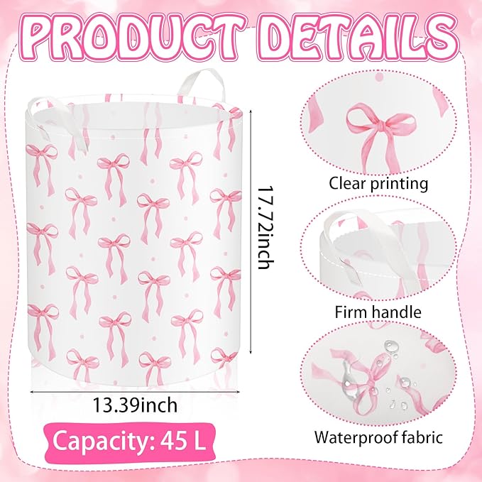 2 Pcs Laundry Basket Coquette Storage Basket for Girls Nursery Hamper with Handles Foldable Waterproof Collapsible Storage Bin Organizer for College Dorms Bathroom(Mixed Bows)