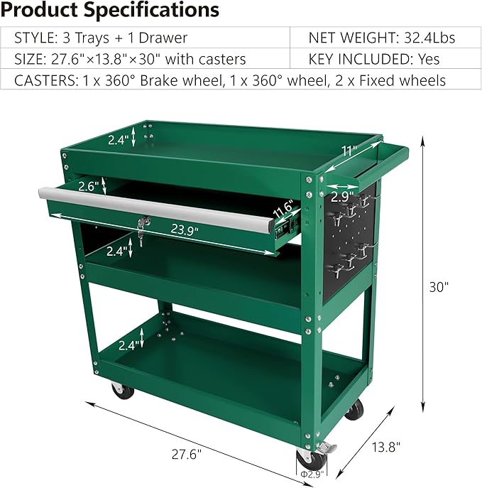 Rolling Tool Cart, Premium 1-Drawer Utility Cart, Heavy Duty Industrial Storage Organizer Mechanic Service Cart with Wheels and Locking System(Green)