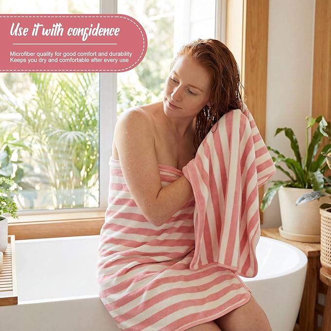 16 Pack Microfiber Bath Towels Bulk 27'' x 60'' Oversized Size Bath Towel Highly Absorbent Extra Large Soft Drying for Shower Beach Winter Salon Sport Gym Party (Stripes,Pink)