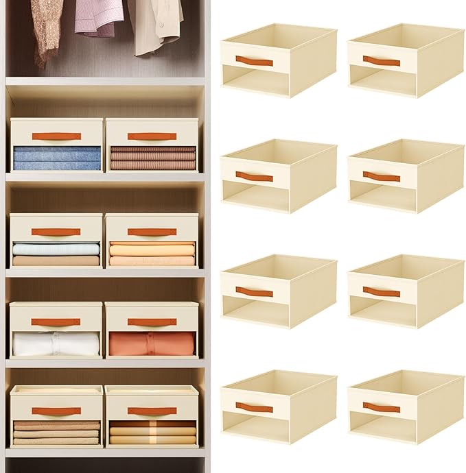 Closet Organizers and Storage - 8 Pack Storage Bins Baskets for Organization Foldable Closet Organizer with Clear Window & Handles for Clothes, Toys, Towels, Small Essentials (Beige)