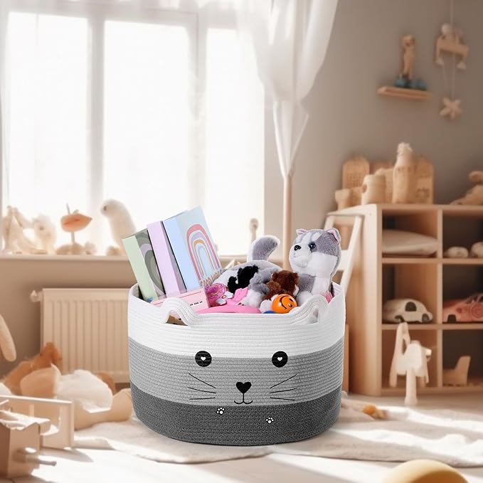 Zopeal Cat Basket Storage Woven Organizer with Ears Christmas Decorative Pet Toy Cute Cotton Rope Basket for Gift Cat Dog Toy Bin Nursery Room(21.7 x 13.8 Inch,White, Light Gray and Gray)