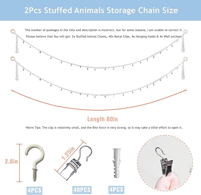 2PCS Stuffed Animals Storage Chain Organizers 80" Cotton Hanging Storage Chain with 40 Metal Clips Stuffed Animal Display Holder Chain for Wall or Corner Nursery Play Room