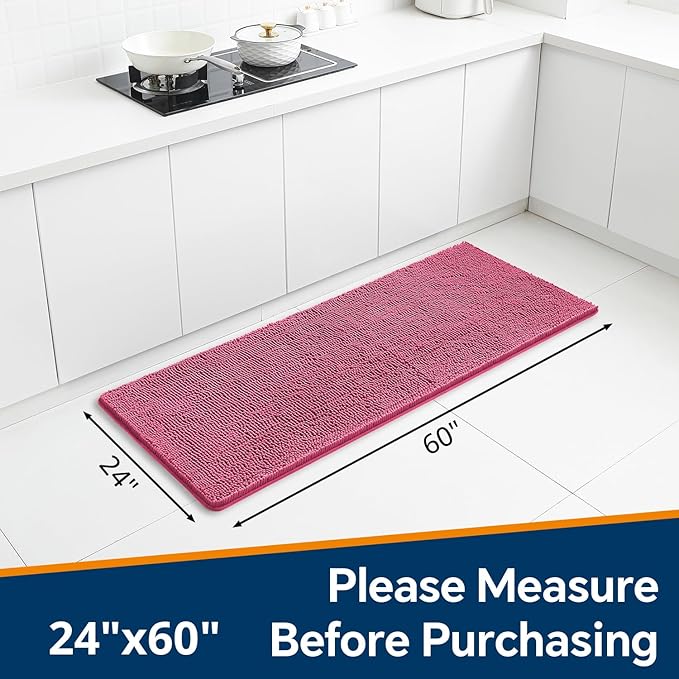 Hot Pink Bathroom Rugs 24"x60" - Long Plush Chenille Non-Slip Runner Bath Mat - Absorbent, Washable, Soft Decor for Shower, Sink, Tub, Floor, Home Accessories