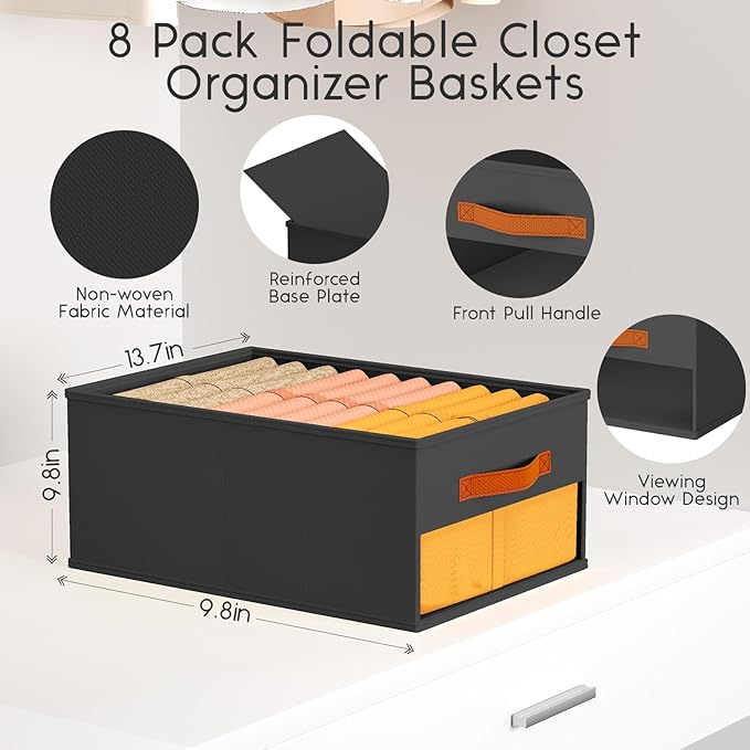 Closet Organizers and Storage - 8 Pack Storage Bins Baskets for Organization Foldable Closet Organizer with Clear Window & Handles for Clothes, Toys, Towels, Small Essentials (Black)