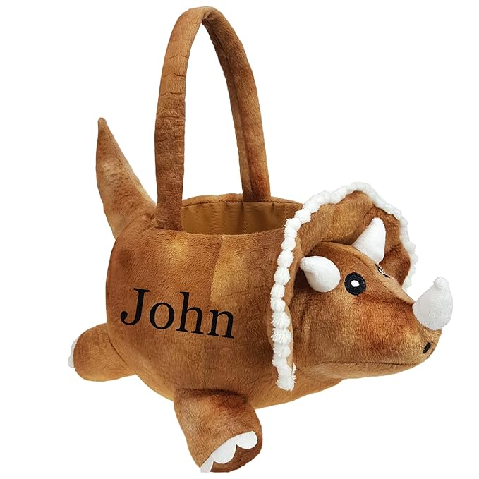 DearSun Personalized Easter Egg Hunting Basket 3D Plush Triceratops Dinosaur Basket with Embroidery Name (Brown Plush Triceratops Basket)