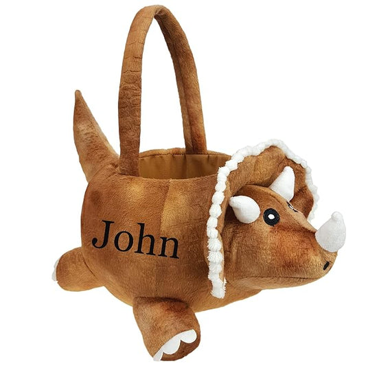 DearSun Personalized Easter Egg Hunting Basket 3D Plush Triceratops Dinosaur Basket with Embroidery Name (Brown Plush Triceratops Basket)