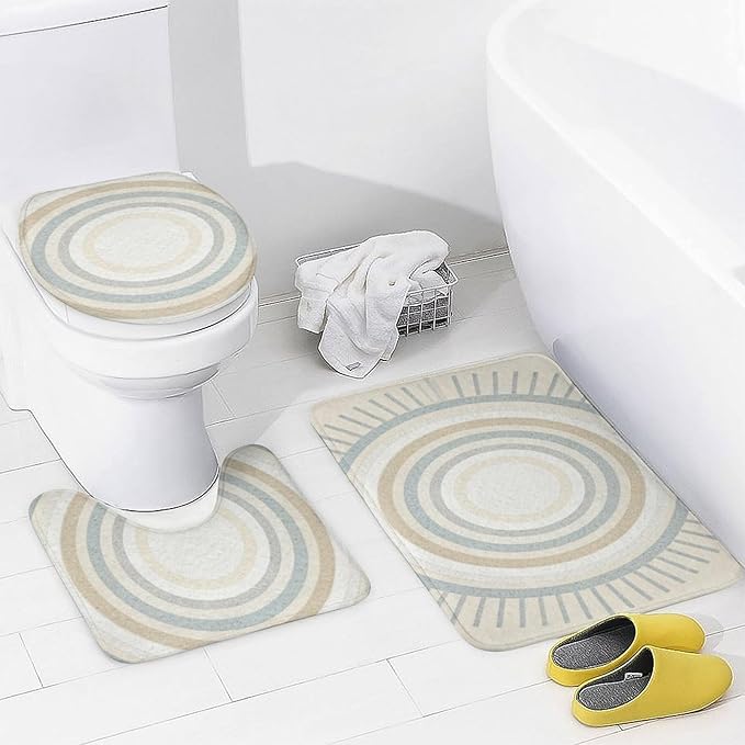 4 Piece Bathroom Rug Set with Shower Curtain, Non-Slip Bath Mat Toilet Cover Set, Center of Circles Bathroom Rug Sets