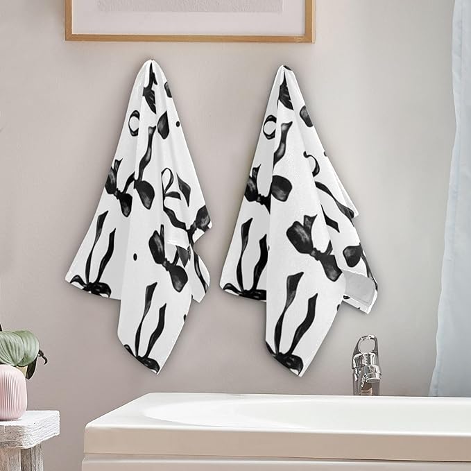 2 Pcs Black and White Bows Hand Towels for Bathroom,Soft Absorbent Cute Black Girly Bow Aesthetic Decorative Dish Towels for Kitchen,Quick Dry Guest Bathroom Towels for Face,Shower 14"x28"