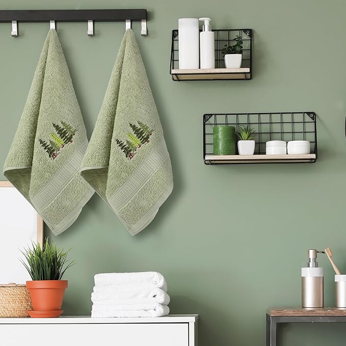 2 Pcs Forest Hand Towels Gray Green Bathroom Decor 14x29 Inch Embroidered 100% Cotton Soft Absorbent Nature Scene Decorative Hand Towels for Bathroom Kitchen