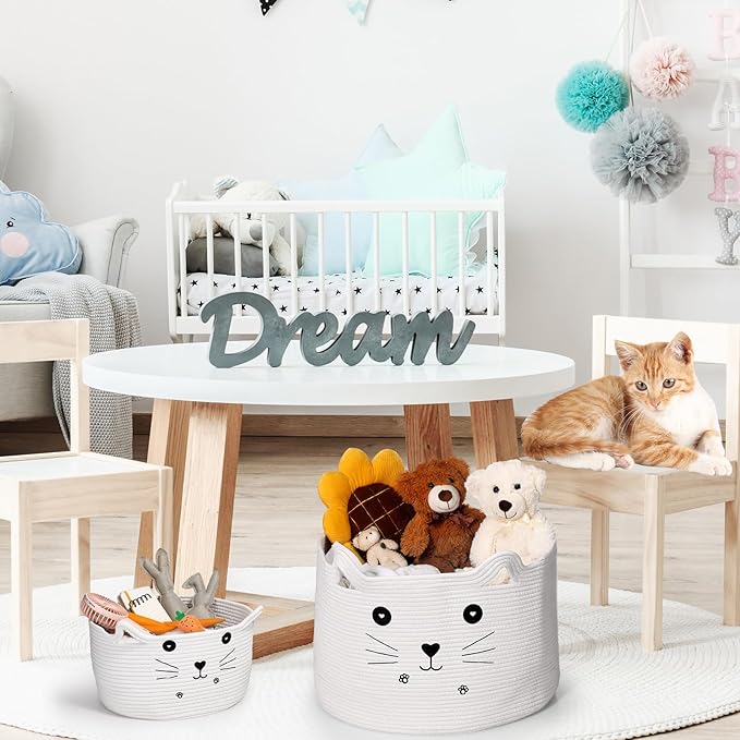 Zopeal Cat Basket Storage Woven Organizer with Ears Christmas Decorative Pet Toy Cute Cotton Rope Basket for Gift Cat Dog Toy Bin Nursery Room(21.7 x 13.8 Inch,White)