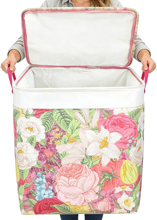 120L Extra Large Laundry Basket with Lid & Handles, Cottagecore Flower Collapsible Laundry Hamper, Waterproof Oxford Cloth Storage Basket for Laundry Room Organization