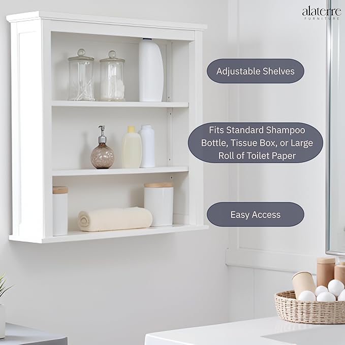 Dorset Wall Mounted Bath Storage Cabinet, 27 in. W x 29 in. H, White, Two Open Shelves, Zinc Metal Hinges, Easy Mount French Cleat System, Ideal for Bathroom Organization and Space Saving