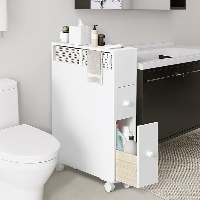 MASAKA B&W Movable Bathroom Storage Cabinet with 2 Drawers and Shelf, Toilet Paper Storage, Corner Shelves, Bathroom Furniture Sets, Side Organizer Toilet