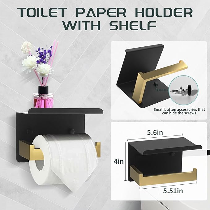 7-Piece Bathroom Set - Black & Gold Accessories Set - Square Towel Bar 2x23'', Hand Towel Rack, Toilet Paper Holder, 3x Towel Hook, Bathroom Hardware