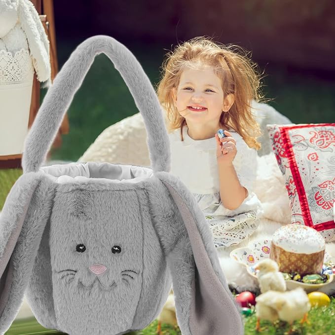 Plush Easter Bunny Basket, Children Easter Basket, Cute Cartoon Long Ears Bunny Egg Basket with Soft Plush Material, Perfect for Easter Egg Hunt and Festive Decorations (Light Grey)
