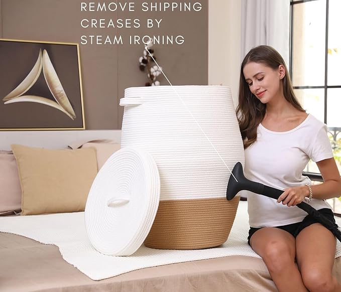 26"x20" Handcrafted Tall Cotton Rope Basket with Lid, Stylish Flagon Shape with Cover, Clothes Hamper with Top, for Bedroom and Living Room, White/Camel Bottom