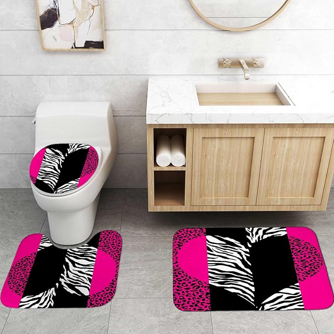 4PCS Hot Pink Leopard Print Shower Curtain Sets with Rugs, Waterproof Fabric Shower Curtain, Love Heart Black and White Zebra Cheetah Print Wildlife Safari Animal Skin Fashion Bathroom Decor