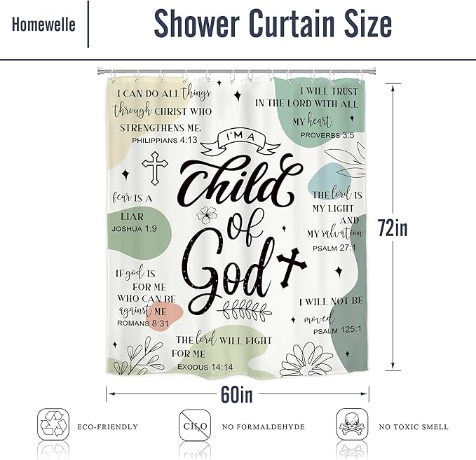 Homewelle Sage Green Abstract Bible Verse Shower Curtain Scripture Christian Boho Mid Century Inspirational Quotes 60Wx72H Inch Modern Minimalist Geometric Waterproof Polyester Fabric Bathroom Bathtub
