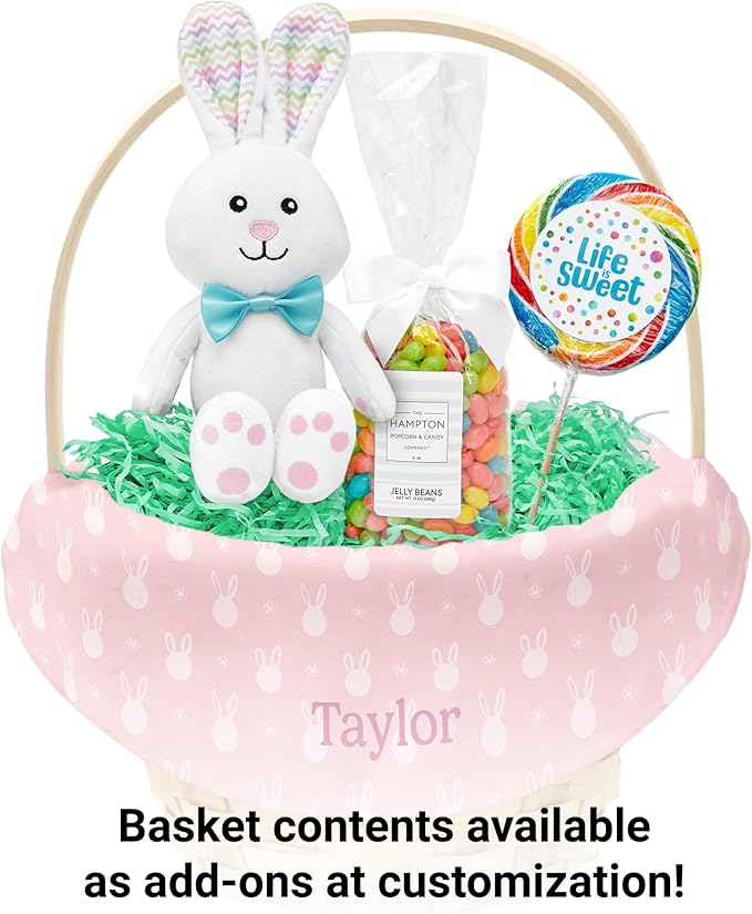 Let's Make Memories Personalized Easter Basket for Kids - For Boys - For Girls - Create Your Own - Fillable - Wicker - Easter Basket Stuffers - Small - Pink Bunny Faces